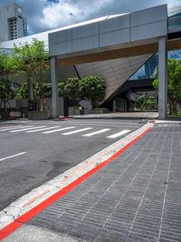 a red line on the street next to the curb in a city with high rise building