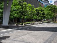 a city sidewalk has trees and grass on both sides of the street and a pedestrian on the sidewalk, there are tall skyscrapers in the background