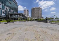 this is a photo of the view from the ground to the cityscape and skyscrapers