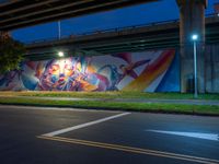 a wall painted with graffiti next to a road with a car driving past it at night