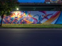 a mural on the side of a street near a bridge with lights coming down on the roof