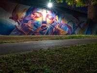 a person walking near a graffiti on the side of a road by grass and trees