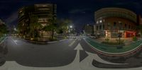 a 3d vision view of some buildings at night with arrows and buildings across the road