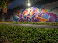 a streetlight shines down on a colorful wall painted by the graffiti artist who has painted his image