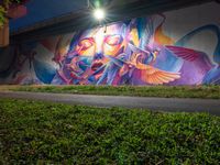 a streetlight shines down on a colorful wall painted by the graffiti artist who has painted his image