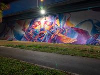 a streetlight shines down on a colorful wall painted by the graffiti artist who has painted his image