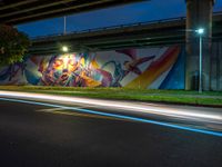 a mural on the side of an overpass along a street at night with headlights passing through