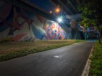 a painting shows a person riding a motorcycle down the road in the city at night