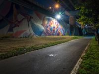 a painting shows a person riding a motorcycle down the road in the city at night