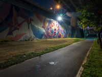 a painting shows a person riding a motorcycle down the road in the city at night