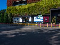 an empty parking lot with trees and shrubs on the wall that resemble a moss growing over it