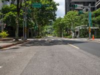 there is a street corner with trees lining the sidewalks and streets, and an empty street is shown in the distance