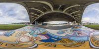 a skateboarder's skate board is near an elevated bridge with a colorful art covering the pavement