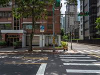 a crosswalk and street sign next to a street with buildings in the background on a clear day