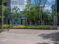 there are people walking in the city park while others watch, and people sit on benches