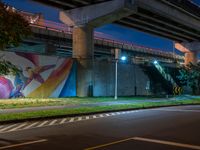 the painted mural above the highway on the side of a building at night with cars driving underneath