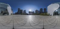 the view of an urban city through a fish eye lens lens, looking like it has turned to mirror