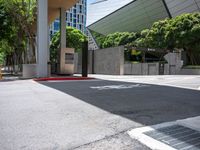 an empty, empty street with trees in the background and a sidewalk with a stop sign on the left side