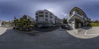 the photo shows different buildings and street scenes in this picture of the street and sidewalk