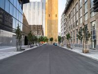 a street is pictured in the photo with tall buildings on either side and no one standing or walking across it