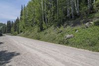 an empty dirt road near some evergreen trees and a vehicle on it's side