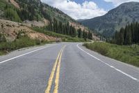 a motorcycle riding down a winding mountain road near the woods is very dangerous to drive