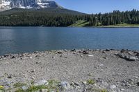 a lake with rocks and mountains on it in the background are tall trees and grass