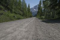 a lone dirt road with mountains in the distance and trees growing on either side of it