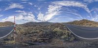 two panoramas of a desert with a paved road and mountains in the background, and sky painted in blue