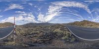 two panoramas of a desert with a paved road and mountains in the background, and sky painted in blue