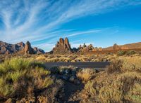 a street bridge in the middle of a desert with sparse vegetation and rocks against a blue sky