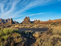 a street bridge in the middle of a desert with sparse vegetation and rocks against a blue sky