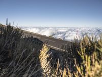 the car travels along a roadway on top of the clouds, making it look like it is going down a hill