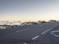 an empty road with white markings near the top of the clouds of a mountain range