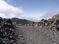 a view of the lava with clouds and trees behind it, in a mountainous area