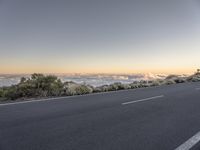 a highway passing through the hills next to the sea of clouds and trees with fog rising in the distance