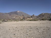 a mountain and some grass and some rocks in the desert near a large hill with a snow capped mountain