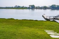 green grassy field next to wooden dock on the water shore with boats in the distance