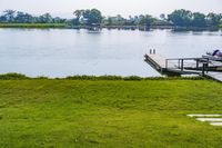 green grassy field next to wooden dock on the water shore with boats in the distance