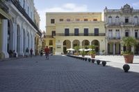 three young people are walking down a city square in front of old buildings and palm trees