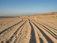 tire tracks on sandy beach with sea in background and clear sky above in the distance