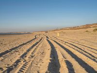 tire tracks on sandy beach with sea in background and clear sky above in the distance