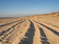 tire tracks on sandy beach with sea in background and clear sky above in the distance