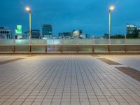 people standing on a subway platform with many buildings in the background at night light in tokyo