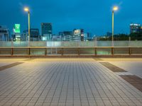 people standing on a subway platform with many buildings in the background at night light in tokyo