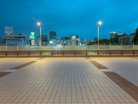 people standing on a subway platform with many buildings in the background at night light in tokyo