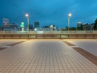 people standing on a subway platform with many buildings in the background at night light in tokyo