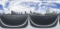 three panoramic views of a road and skyline with some clouds above it in the sky