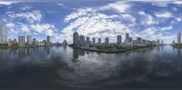 clouds hover over the city skyline and riverbank in a panoramic photograph