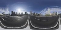 three panoramic images show the sun setting over a highway with lots of empty parking lots and the skyline in the background